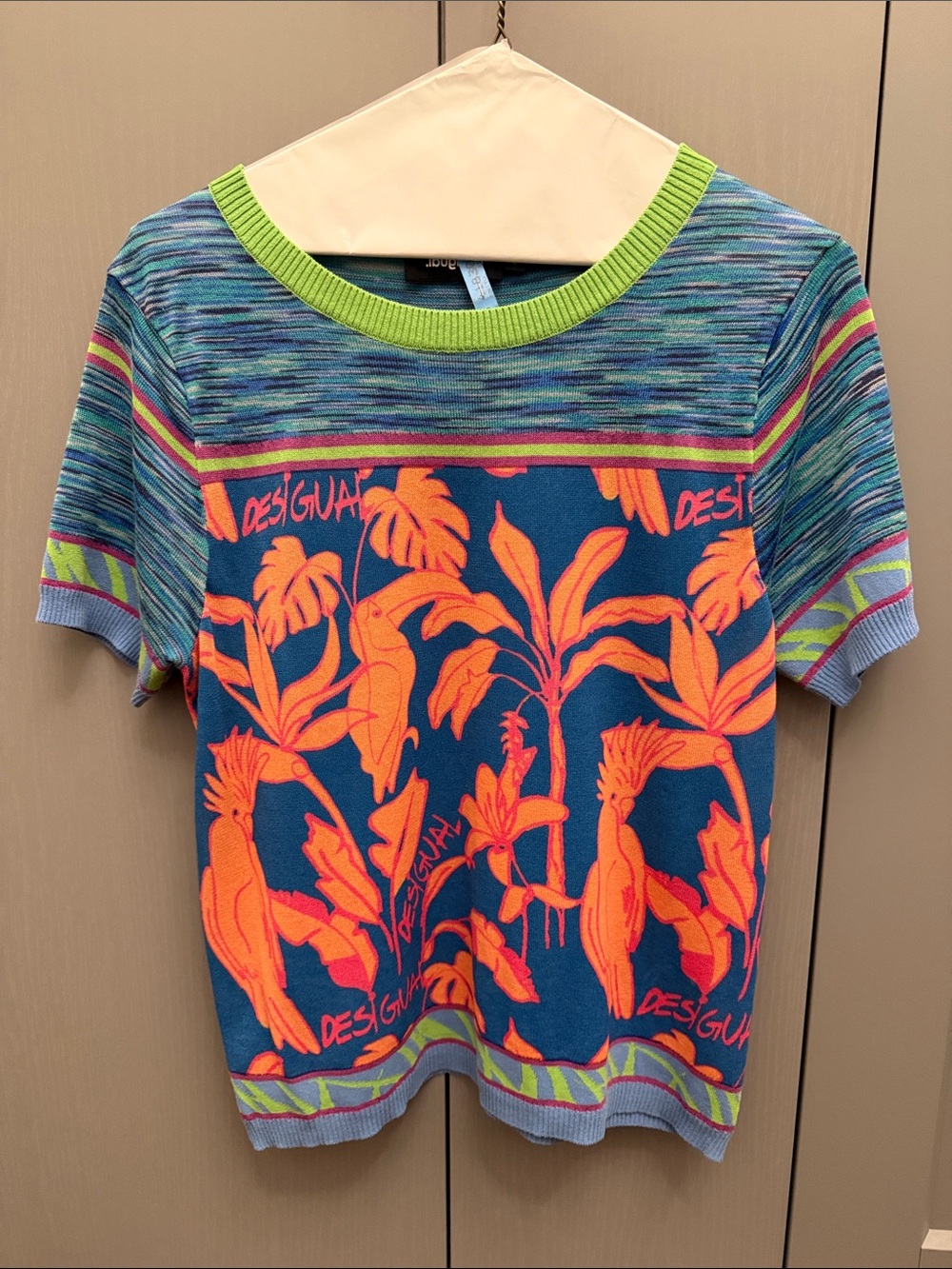 Desigual Blue & Orange Tropical Bird Knit Tee with Lime Trim